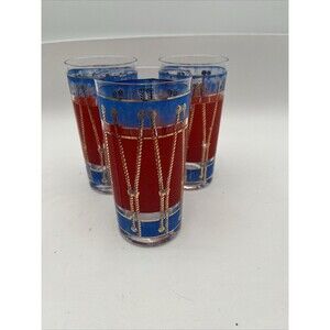 3-Christmas themed DRUM MCM tumblers glasses gold and enamel blue red 5 1/2"